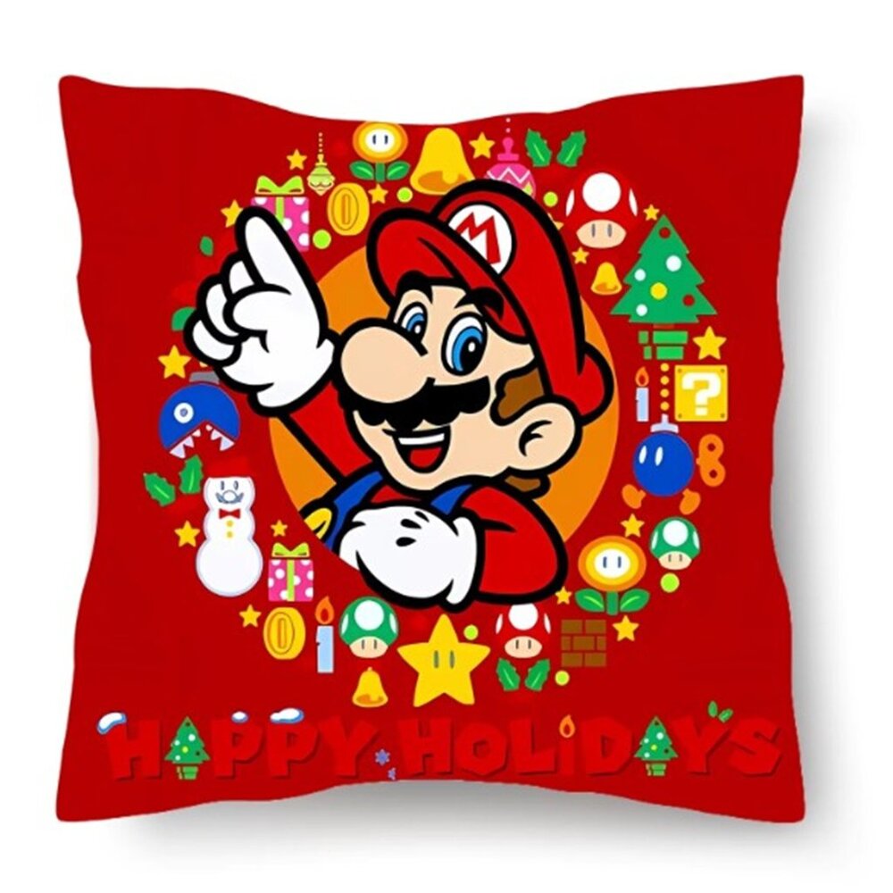 Super Mario Happy Holidays Christmas Throw Pillow 18x18 Double Sided w Insert
